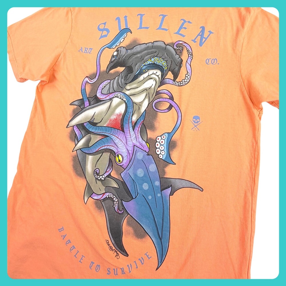 Sullen Art Collective Graphic T Shirt Men Medium Orange Shark Squid Tattoo Art